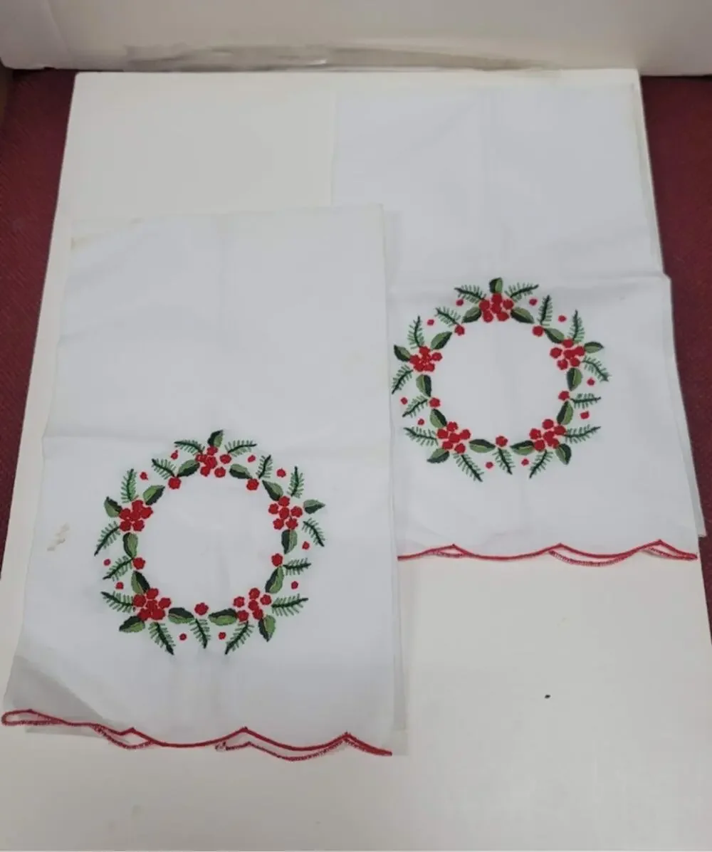 Pair of Two Vintage Linen Hand Embroidered Christmas Tea Towel Holly Green Red